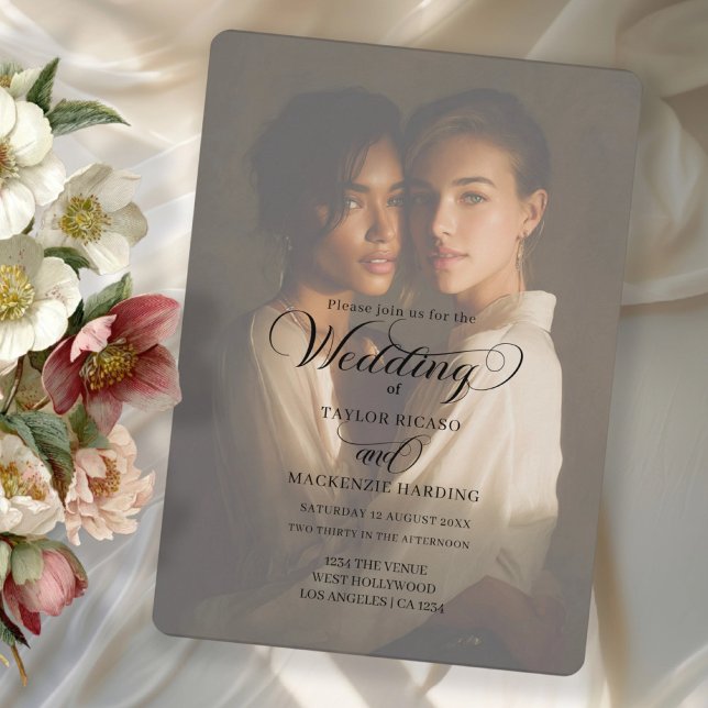 Two Brides Wedding Photo Template Einladung (Two Brides Wedding Photo Template invitation with elegant typography by Ricaso. Add photo and text)