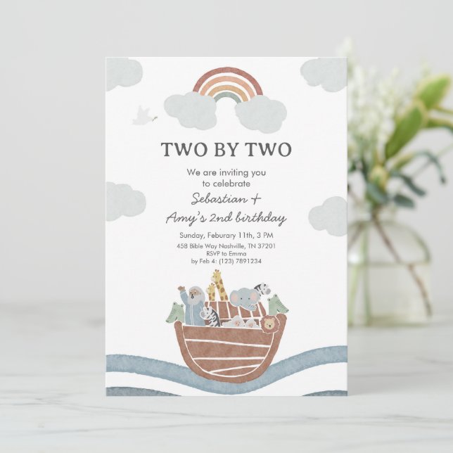 Two by Two Noahs Ark Twin Birthday Einladung (Stehend Vorderseite)