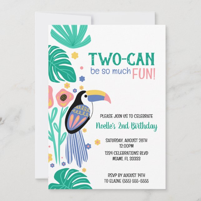 TWO-CAN (Toucan) Tropischer Geburtstag Einladung (Vorderseite)