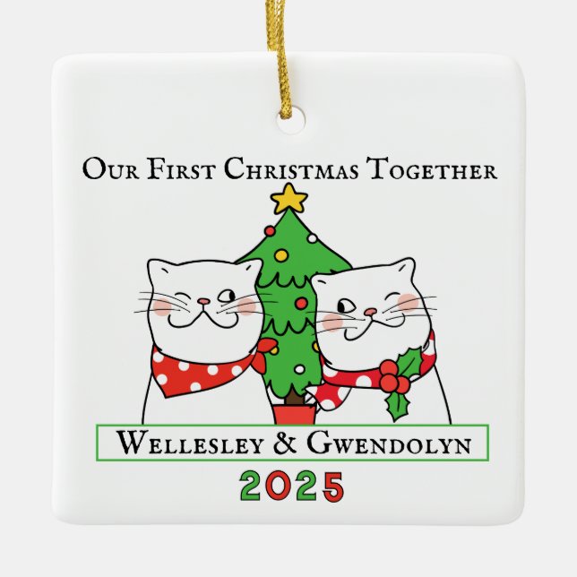 Two Cats First Christmas Together Keramikornament (Vorderseite)