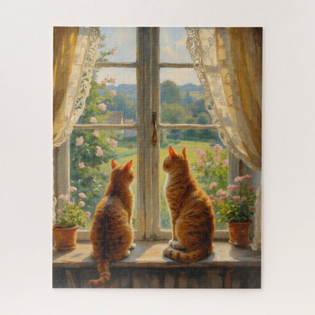 Two Cats sitting in a bay window seat  Puzzle (Vertikal)