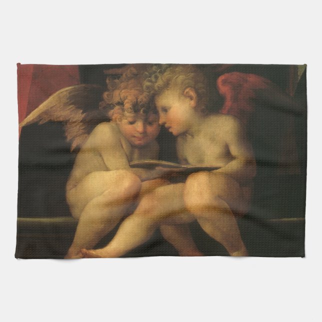 Two Cherubs Reading by Rosso Fiorentino, Angels Geschirrtuch (Horizontal)