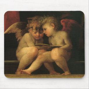 Two Cherubs Reading by Rosso Fiorentino, Angels Mousepad
