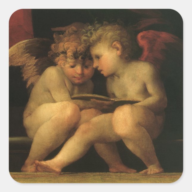 Two Cherubs Reading by Rosso Fiorentino, Angels Quadratischer Aufkleber (Vorderseite)
