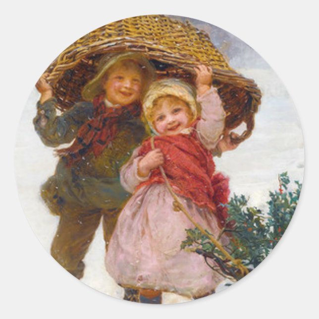 Two children in the snow by Frederick Morgan Runder Aufkleber (Vorderseite)