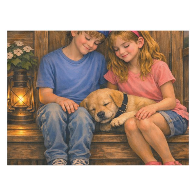Two Children with Sleeping Puppy Rustic Tablecloth Tischdecke (Vorderseite (Horizontal))