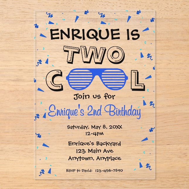 TWO Cool Sunglass 2nd Birthday Party Acryleinladungen (Vorderseite)