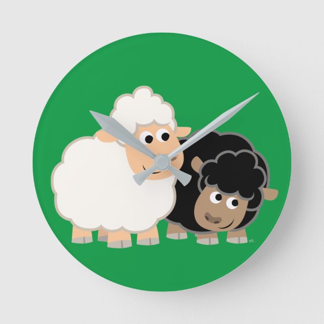 Two Cute Cartoon Sheep Runde Wanduhr (Vorderseite)