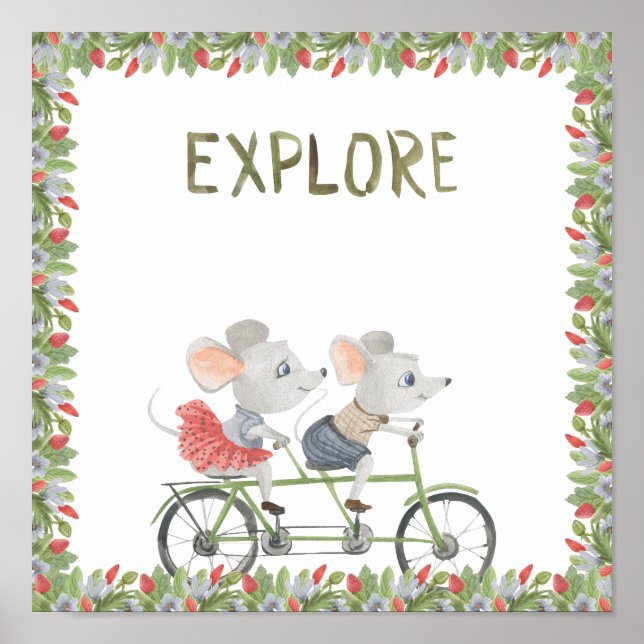 Two Cute Mice On A Bike Explore Text Poster (Vorne)