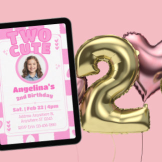 Two Cute Pink & White Hearts 2nd Birthday Picture Einladung