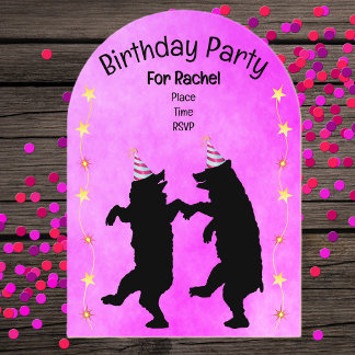 Two Dancing Black Bears Party Hats Gold Stars Pink Acryleinladungen