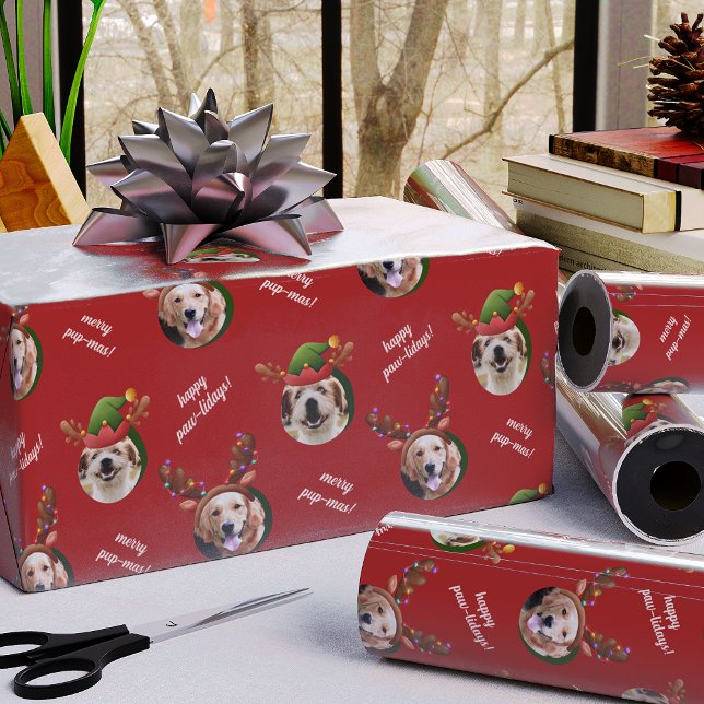 Two Dog Photo Reindeer Antler Merry Christmas Red Geschenkpapier (Von Creator hochgeladen)