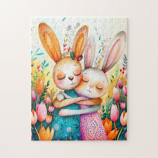 Two Easter Bunnies in Tulip Field Puzzle (Vertikal)