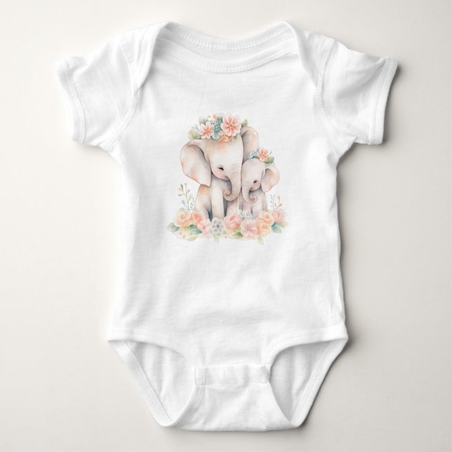 Two Elephants Snuggled with Floral Wreath Baby Strampler (Vorderseite)