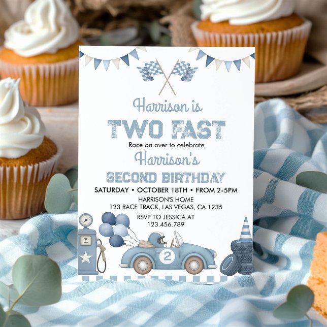 Two Fast Race Car Blue Boy Birthday Party Einladung (Von Creator hochgeladen)