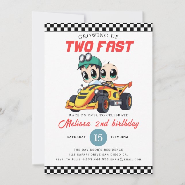 Two Fast Race Car Boy 2nd Birthday Party Einladung (Vorderseite)