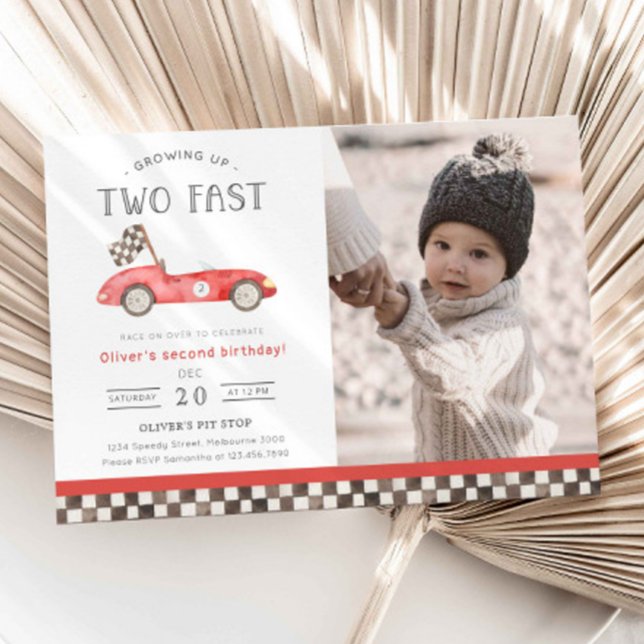 Two Fast Red Race Car 2nd Birthday Photo Einladung (Von Creator hochgeladen)