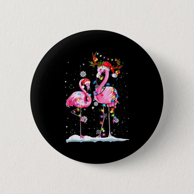 Two Flamingo With Santa Hat And Lights Merry Chris Button (Vorderseite)