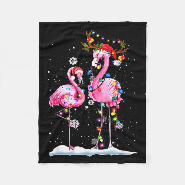 Two Flamingo With Santa Hat And Lights Merry Chris Fleecedecke (Vorderseite)