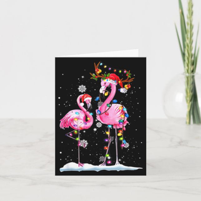 Two Flamingo With Santa Hat And Lights Merry Chris Karte (Vorderseite)