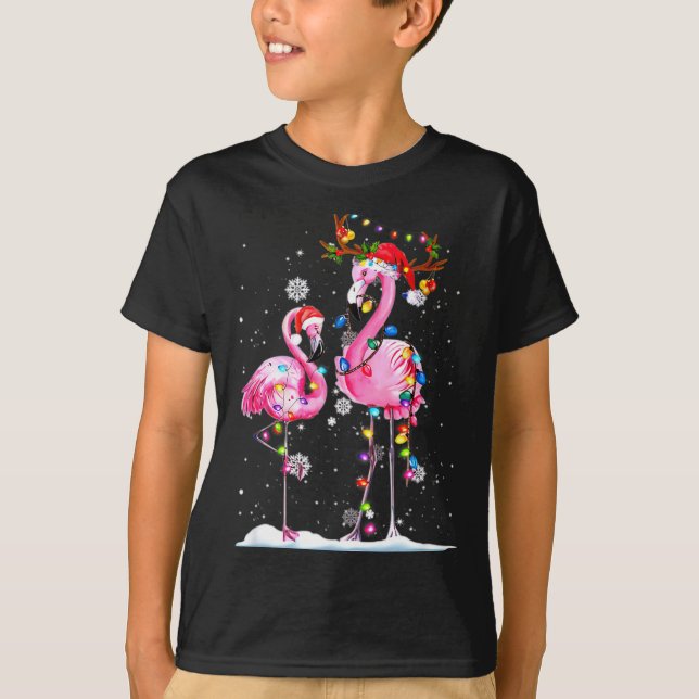 Two Flamingo With Santa Hat And Lights Merry Chris T-Shirt (Vorderseite)