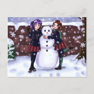Two Girls and a Snowman Feiertagspostkarte