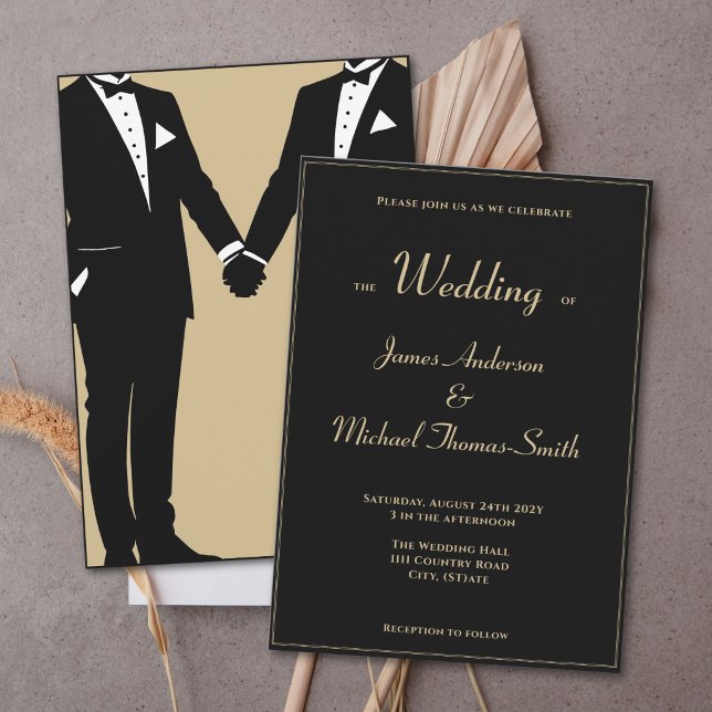 Two Grooms Elegant Black Gold Tuxedo Wedding Einladung (Von Creator hochgeladen)