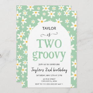 TWO groovy Mint Green Daisy 2nd Birthday Einladung