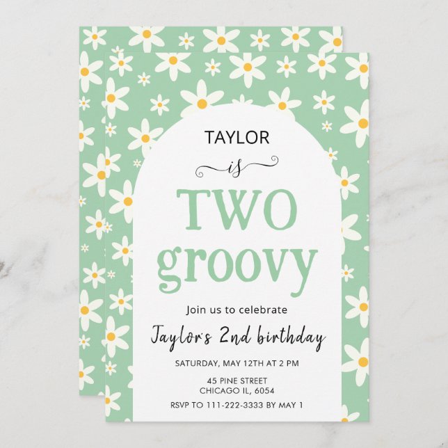 TWO groovy Mint Green Daisy 2nd Birthday Einladung (Vorne/Hinten)