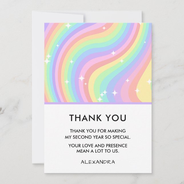 Two Groovy Retro Pastel Rainbow 2nd Birthday Dankeskarte (Vorderseite)