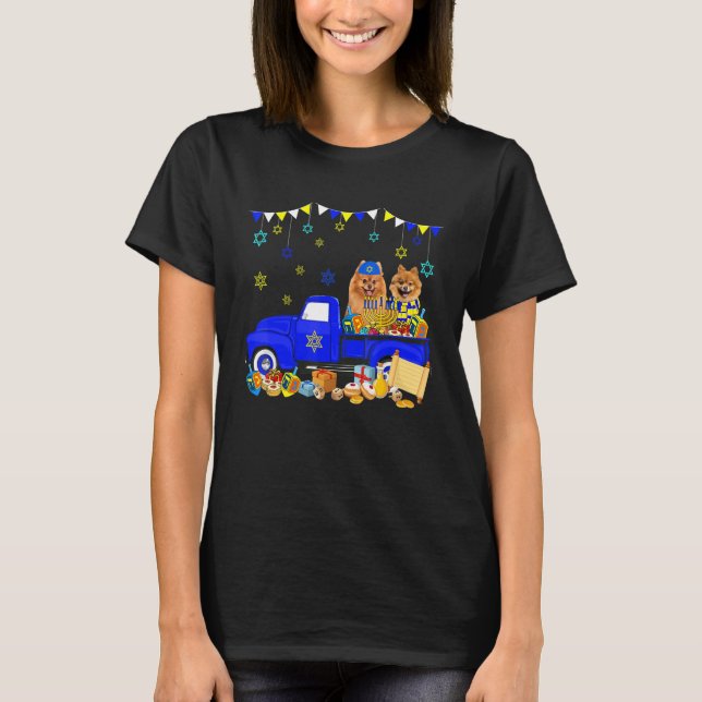 Two Hanukkah Pomeranians On Pickup Truck With Meno T-Shirt (Vorderseite)