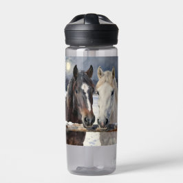 Two Horses on a Snowy Farm | Personalized Trinkflasche