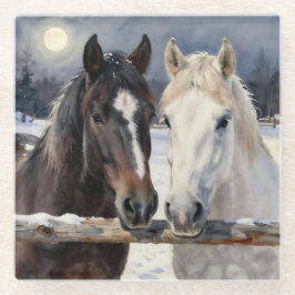 Two Horses on a Snowy Farm Under the Moon Glasuntersetzer