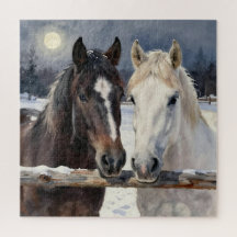 Two Horses on a Snowy Farm under the Moonlight 