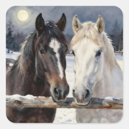 Two Horses on a Snowy Farm under the Moonlight  Quadratischer Aufkleber