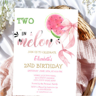 Two In A Melon Wassermelonen Rosa Schleife 2. Gebu Einladung