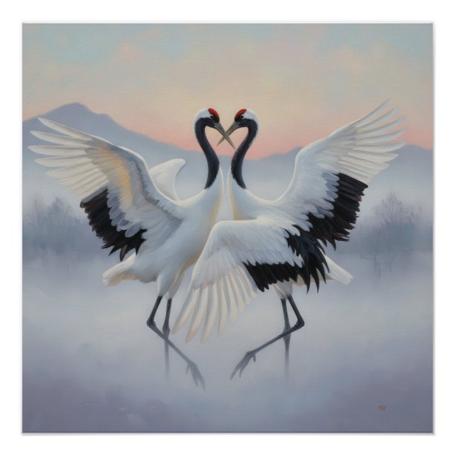 Two Japanese cranes in a graceful dance Poster (Vorderseite)