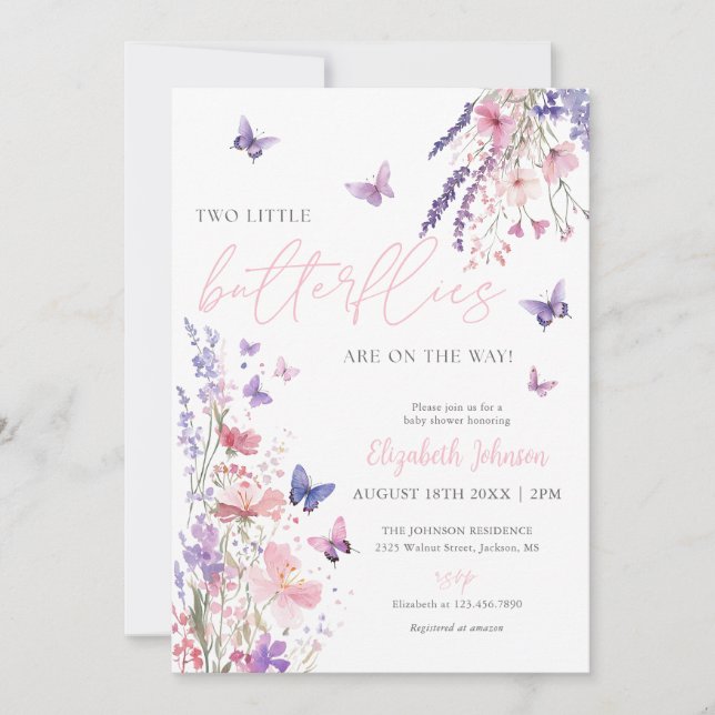 Two Little Butterflies Baby Shower Photo QR Code Einladung (Vorderseite)