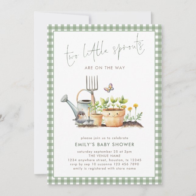 Two Little Sprouts Twins Sage Gingham Baby Shower  Einladung (Vorderseite)