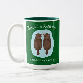 Two Lovely Cute Otters Custom Name Valentine's Day Zweifarbige Tasse