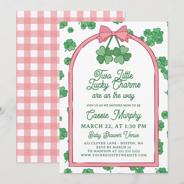Two Lucky Charms Clovers Girl Twins Baby Shower Einladung (Vorne/Hinten)