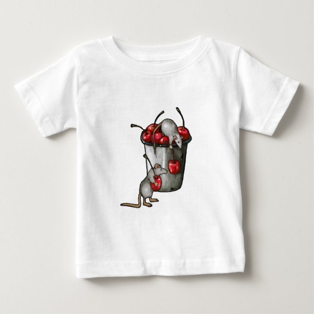 Two MICE Stealing Cherries, Bucket of Cherries Art Baby T-shirt (Vorderseite)