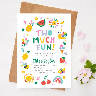 Two Much Fun Invite, Girls Second Birthday  Einladung