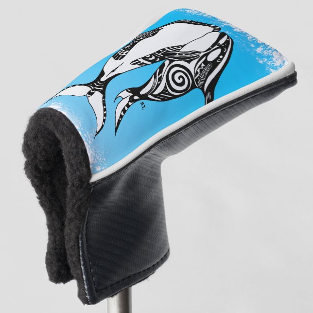 Two Orca Whales Tribal Blue Brushed Golf Headcover (3/4 Vorderseite)
