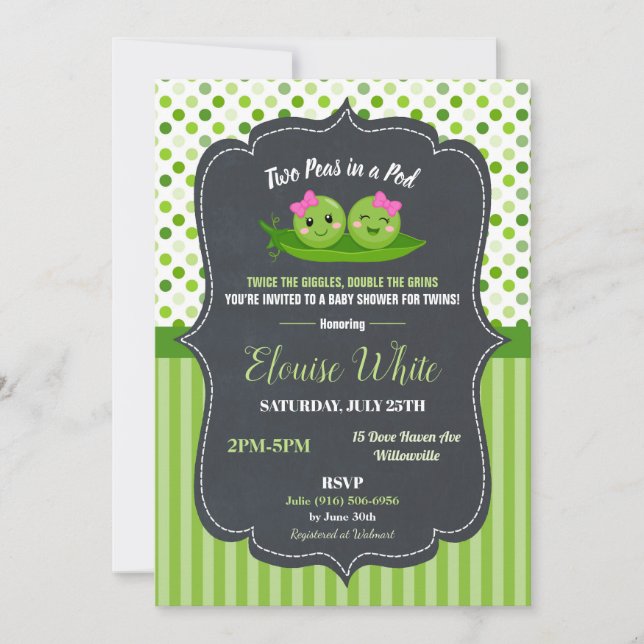 Two Peas in a Pod Baby Shower Twins Baby Girls Einladung (Vorderseite)