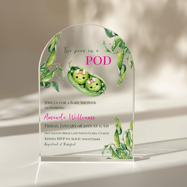 Two Peas in A Pod Pink Girl Twins Baby Shower Arch Acryleinladungen (Von Creator hochgeladen)