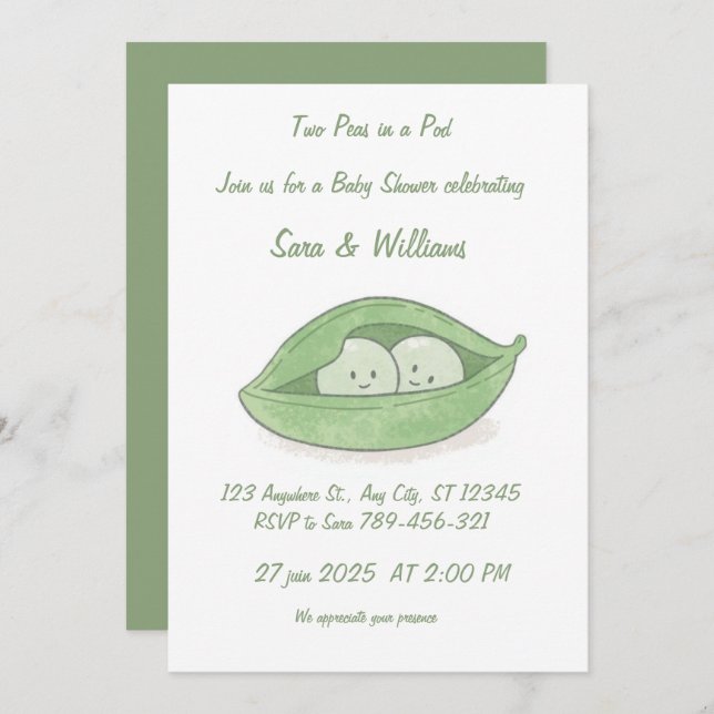 Two Peas In a Pod Twin Baby Shower Invitation Einladung (Vorne/Hinten)