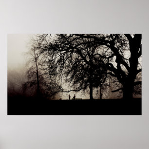 Two people meet in a foggy park poster