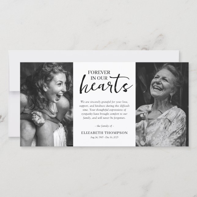 Two Photo Black & White Funeral Thank You Dankeskarte (Vorderseite)
