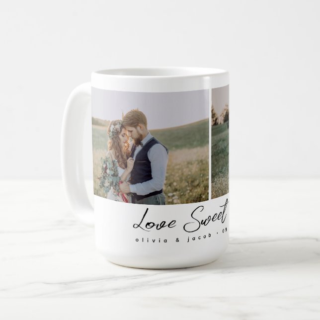 Two Photo Calligraphy Love Sweet Love Newlywed Kaffeetasse (Vorderseite Links)